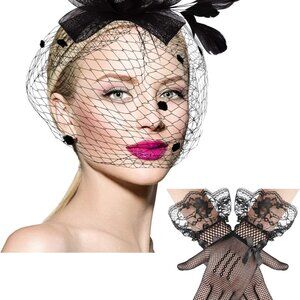 50s Vintage Fascinator Hat and Lace Gloves Set for Women Formal Events